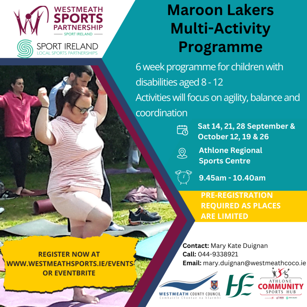 Poster advertising inclusive activity camp in Athlone showing girl exercising.