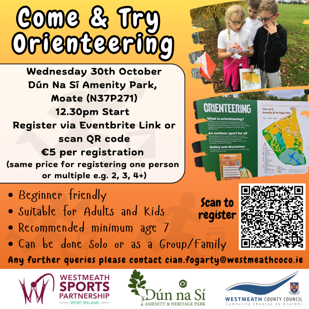 Shaded orange poster advertising orienteering at Dun na Si in Moate on October 30