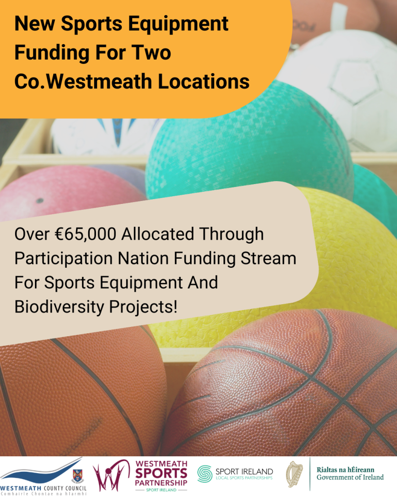 Image describing €65,000 allocated to Westmeath Sports Partnership for sports equipment resources in two areas in Co. Westmeath