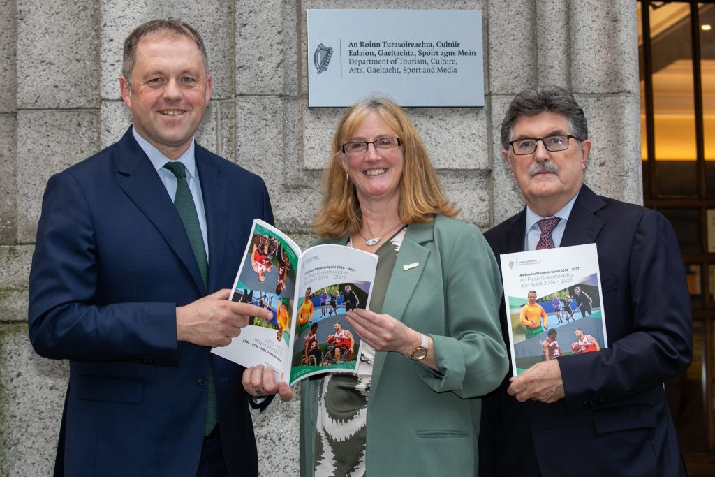 The Minister of State for Sport, Physical Education and the Gaeltacht, Thomas Byrne TD, with Dr Una May, CEO Sport Ireland, and John Foley, Chairperson of Sport Ireland, pictured with the Sports Action Plan 2024-2027 published on Wednesday.