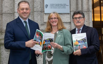 The Minister of State for Sport, Physical Education and the Gaeltacht, Thomas Byrne TD, with Dr Una May, CEO Sport Ireland, and John Foley, Chairperson of Sport Ireland, pictured with the Sports Action Plan 2024-2027 published on Wednesday.