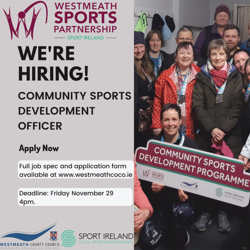 Poster advertising Community Sports Development Officer role with Westmeath Sports Partnership.